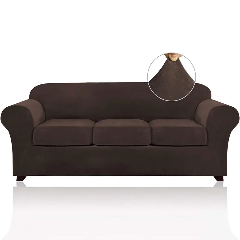 Velvet Cover For 3 Cushion Couch, Up to 90 Inch (4 Pieces, Large, Brown)
